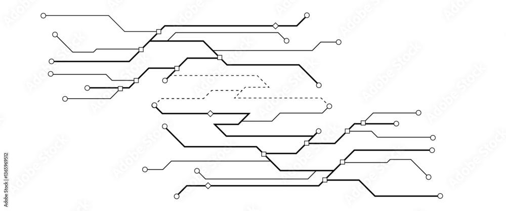 Fototapete Vectors White Abstract geometric dots and lines connection circuit concept. Hi tech digital connect, communication, High technology concept.