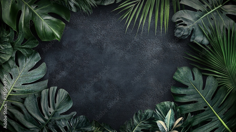 Poster tropical monstera and palm leaves creating a frame on dark background