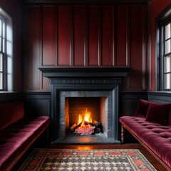 Cozy reading nook in a historic home, complete with an old-fashioned fireplace and velvet cushions