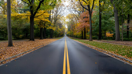 Obraz premium Autumnal Road Lined By Trees With Yellow And Brown Foliage Against Cloudy Sky During Daytime