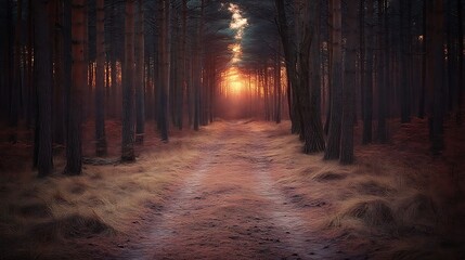 Fototapeta premium Sunset Path Through A Dark Pine Forest