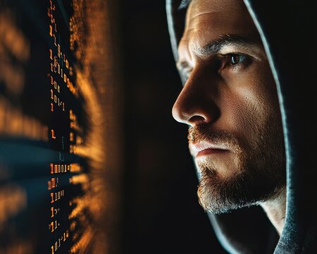 A focused man in a hoodie gazes intently at binary code displayed on a screen, embodying themes of technology and digital engagement. - Powered by Adobe