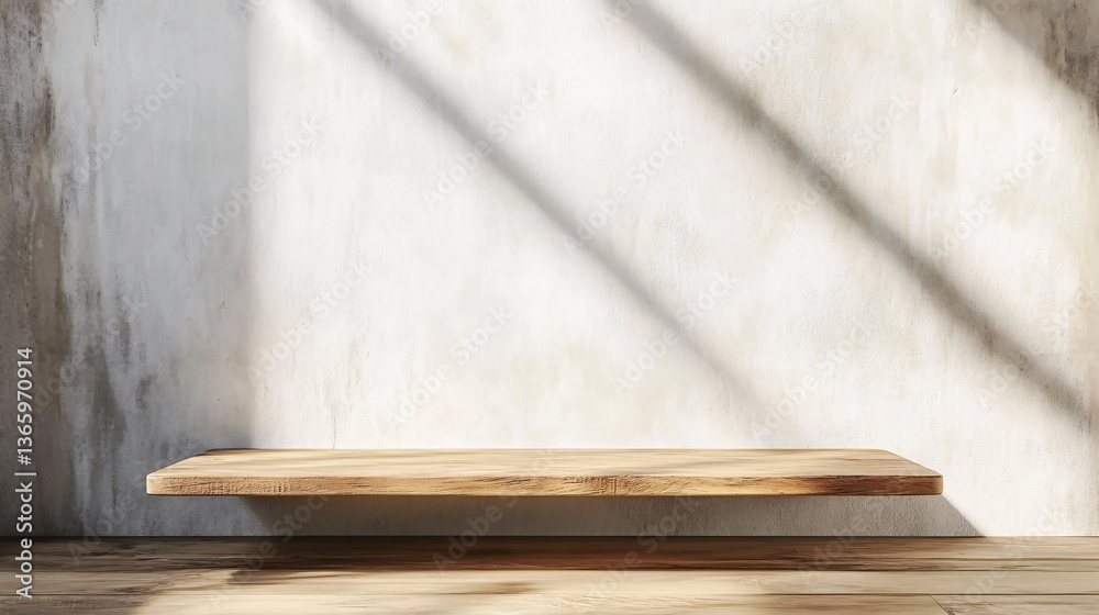 Poster Empty wooden shelf projecting from a textured wall, illuminated by natural light