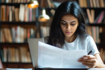 Serious Indian student working on research paper in library, reading essay, document. Focused young business woman reading investment agreement terms at laptop, financial reviewing reports