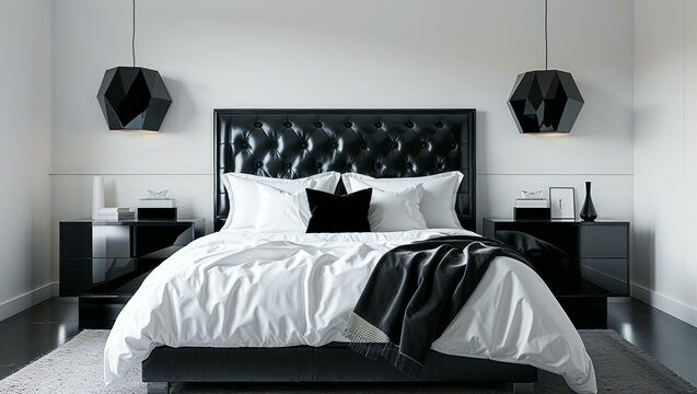 A sleek black and white modern bedroom interior with a bold contrast. The bed, with a tufted black leather headboard, is dressed in crisp white bedding, complemented by black accent pillows