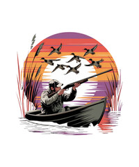 Vintage Duck Hunting Retro Sunset Illustration
