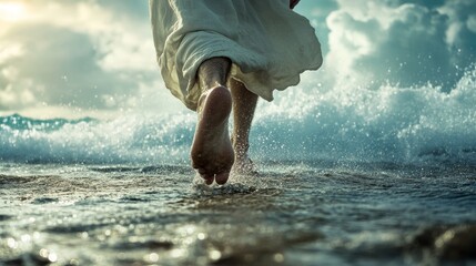 Close up of jesus walking on water amidst a storm  a powerful biblical imagery of faith