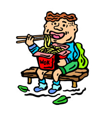 
Colorful vector illustration of a teenager appetizingly eating oriental wok noodles on a white isolated background