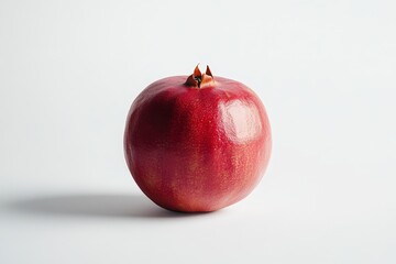 A single ripe pomegranate stands isolated against a white background