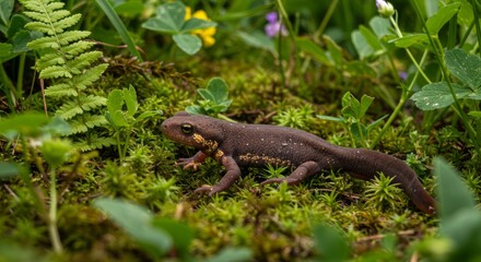Fototapeta premium Newt in its Natural Habitat Surrounded by Lush Greenery and Wildflowers