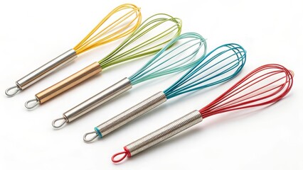 Fototapeta premium Cooking tools in kitchen whisks display food preparation modern setting top-down view culinary essentials