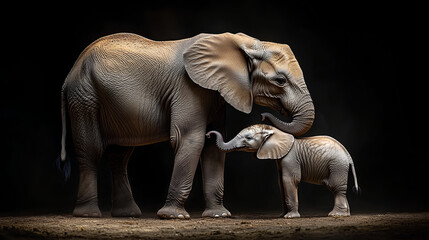 Fototapeta premium A mother elephant standing with her calf, both looking at the camera against a black background.
