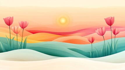 Pastel landscape with tulips and sunset
