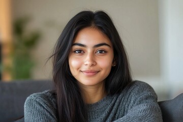 Head shot of beautiful young Indian woman sitting alone on sofa at home, posing for camera exude optimism, positive mood. Generation Z female, profile picture, portrait of virtual meeting participant