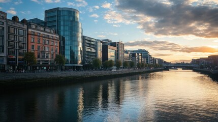 Obraz premium Dublin Cityscape at Sunset, Liffey River and Modern Architecture