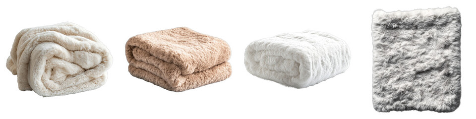 Fluffy cozy blanket isolated on transparent background. PNG ,Set of
