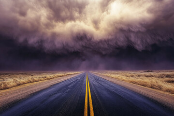 Fototapeta premium Dark storm clouds loom over a long, wet road cutting through a field, creating a dramatic, ominous atmosphere symbolizing impending change or uncertainty