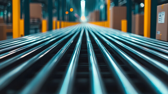 A close-up view of metallic tracks running parallel in a warehouse, creating a sense of depth and emphasizing the industrial environment.