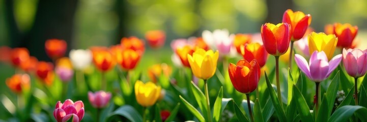 Obraz premium Close-up colorful spring flowers, lush green foliage, detail, plant