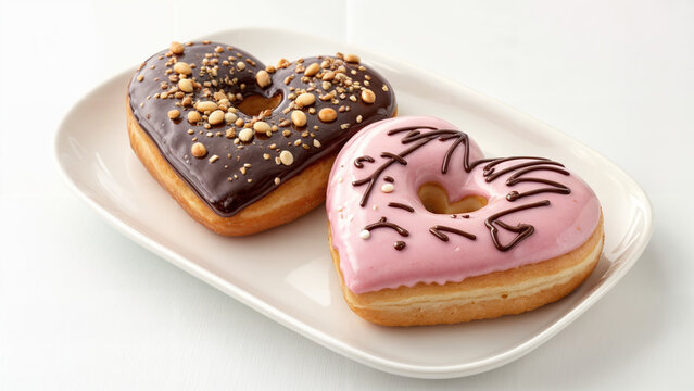 Two heart-shaped donuts, with chocolate icing and pink icing with nuts, on a white plate