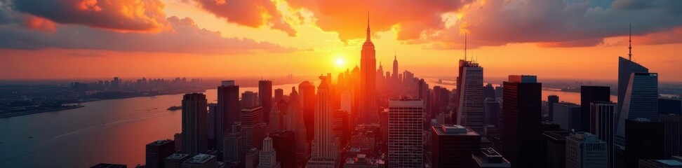 Obraz premium Golden sunrise illuminates NYC skyscrapers, East River visible, metropolis, river