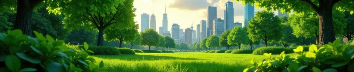 Fototapeta premium Lush green urban park, towering trees, sustainable city design, ecology, nature, texture