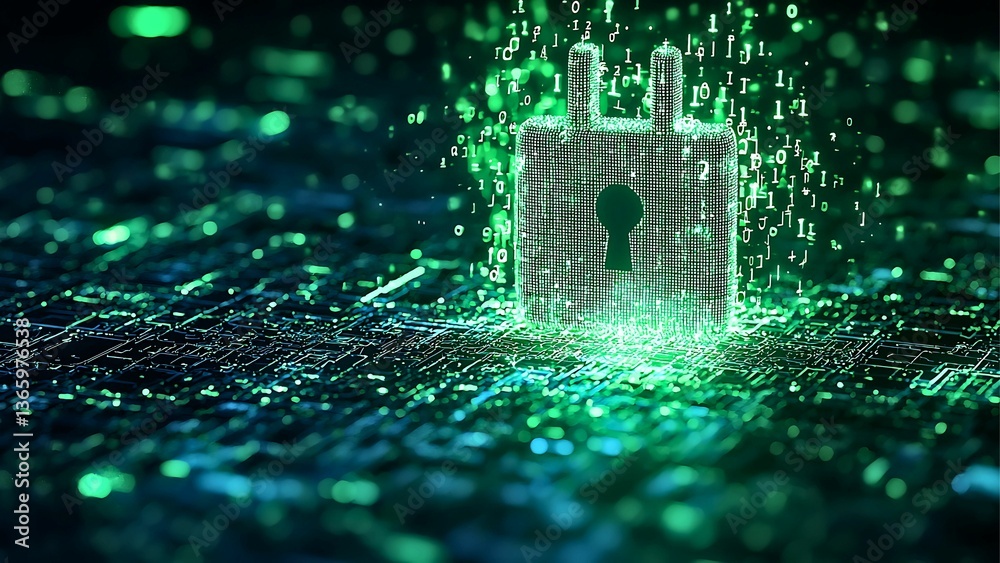 Poster digital security concept image showing a padlock emitting digital data over a circuit board