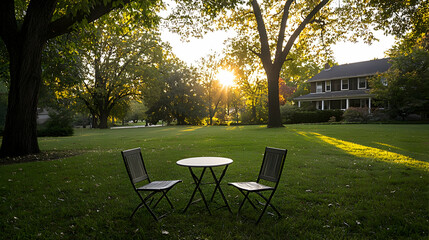 Obraz premium Tranquil Garden Scene With Table And Chairs Under Bright Sunlight Near House