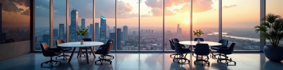 Fototapeta premium Panoramic city vista, stylish conference room, glass table, modern chairs , urban, architecture, office