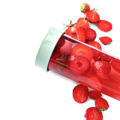 Sports bottle of infused water with strawberry on white background