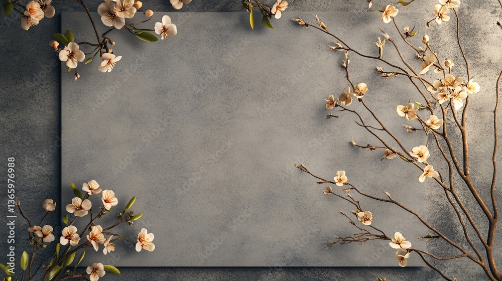 Poster blooming cherry branches framing gray background with copy space