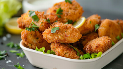 A plate of crispy golden-brown fried fish fillets garnished with herbs.