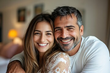 Cheerful attractive young middle aged Hispanic couple posing for home portrait together, having fun, looking at camera with perfect toothy smile. Happy wife hugging beloved husband from behind