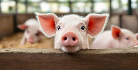 Fototapeta premium Adorable piglet with pink ears and snout peeking over a wooden fence, with blurred piglets in the background on a farm. Concept of innocence and curiosity. Ai generative