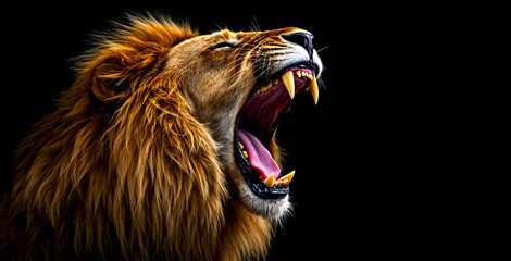 Powerful close-up of a roaring lion with intricate fur details and fierce expression on a dark background. Concept of strength and wildlife. Ai generative
