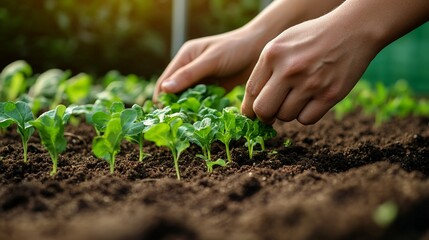 Nurturing young seedlings with care, hands gently tending to fresh green sprouts emerging from rich, dark soil in a hopeful garden scene