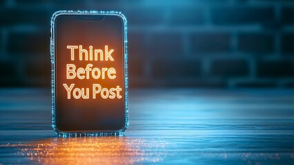 A digital display reads "Think Before You Post" against an urban background