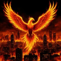A phoenix hovering above a burning city symbolizing new life on a black background (symbolic). Generated AI
