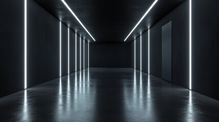 A modern, minimalist corridor illuminated by sleek neon lights, creating a futuristic ambiance in a dark space