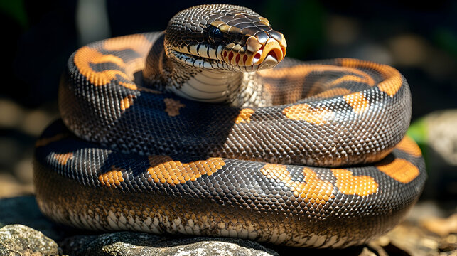 Mighty African rock python coils on sun-warmed stones, its muscular body and powerful constriction proving it as a dominant predator