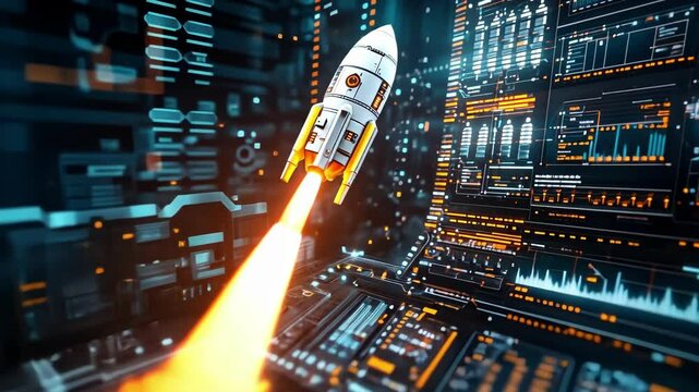 Futuristic rocket launch in digital space with data interface visualization