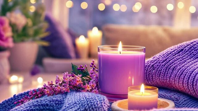 Cozy atmosphere with purple candles and lavender on knitted blanket