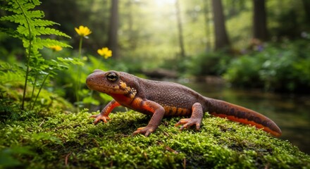 Fototapeta premium Encounter with a Newt: Close-up of an Amphibian in its Natural Habitat