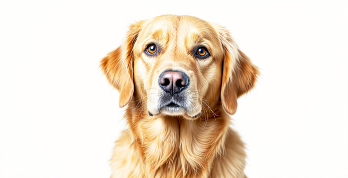 Close-up portrait of a golden retriever with detailed fur and warm eyes on a light background. The image showcases a creative and lifelike animal depiction. Ai generative - Powered by Adobe