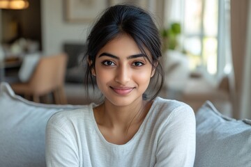 Head shot of beautiful young Indian woman sitting alone on sofa at home, posing for camera exude optimism, positive mood. Generation Z female, profile picture, portrait of virtual meeting participant
