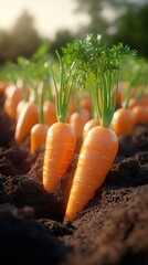 Fresh carrots growing in fertile soil at sunset in cultivated field