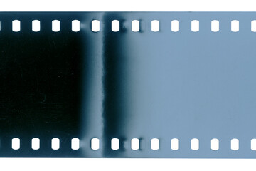 Dusty and grungy 35mm film texture or surface. Perforated scratched camera film isolated on white background.