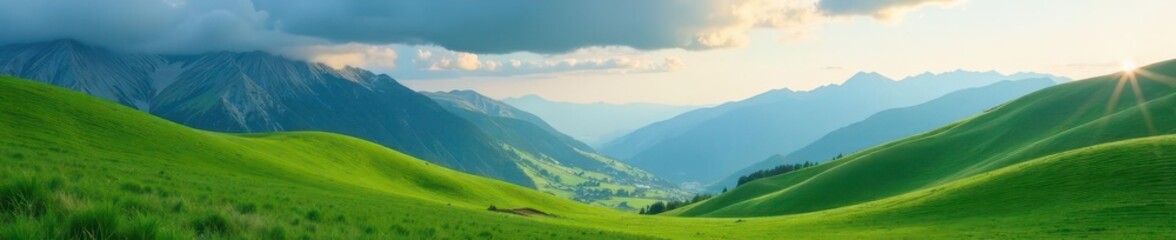 Rolling green hills meet majestic mountains under a dramatic sky , calm, tranquility, dramatic