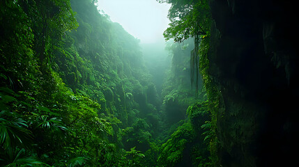 Fototapeta premium Dense Green Jungle Vegetation Sunlight Through Mist Creating Atmospheric Depth And Mysterious Landscape