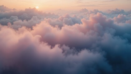 Sunrise over soft clouds aerial view nature scene serene atmosphere dreamy landscape tranquil environment